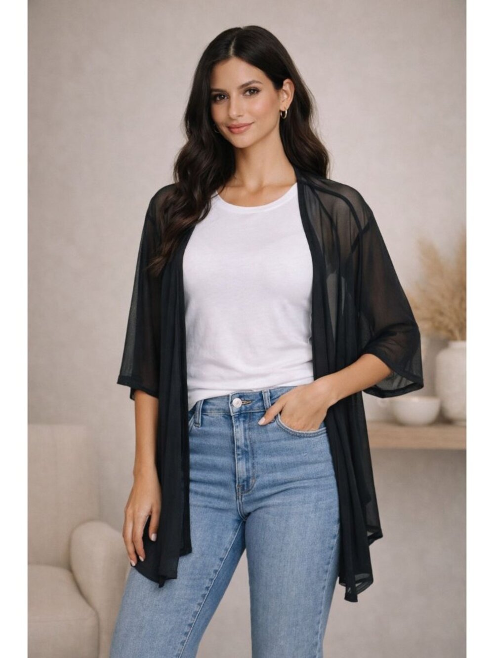 Ambiance Chiffon Duster Women 1 Extra larger Black Mesh Casual Coverup Cardigan